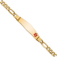 14K Yellow Gold Medical Semi-Solid Chain Solid Plate Soft Diamond Shape 38x 9mm Off-Center Red Enamel Figaro Link ID Bracelet, 7" view 1