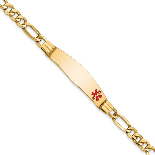 14K Yellow Gold Medical Semi-Solid Chain Solid Plate Soft Diamond Shape 38x 9mm Off-Center Red Enamel Figaro Link ID Bracelet, 7"