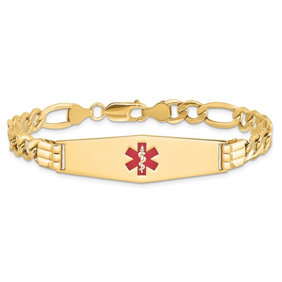 14K Medical Semi-Solid Chain/Solid Plate Soft Diamond Shape 40x12mm Centered Red Enamel Figaro Link 8 inch ID Bracelet
