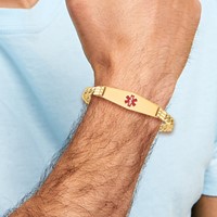 14K Yellow Gold Medical Semi-Solid Chain Solid Plate Soft Diamond Shape 40x 12mm Centered Red Enamel Figaro Link ID Bracelet, 8" view 5