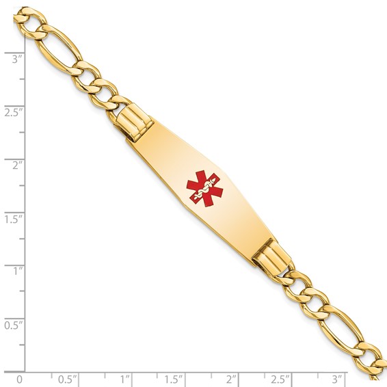 14K Medical Semi-Solid Chain/Solid Plate Soft Diamond Shape 40x12mm Centered Red Enamel Figaro Link 8 inch ID Bracelet