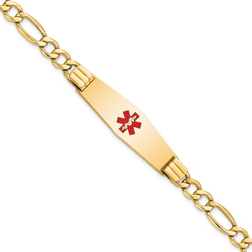 14K Yellow Gold Medical Semi-Solid Chain Solid Plate Soft Diamond Shape 40x 12mm Centered Red Enamel Figaro Link ID Bracelet, 8"