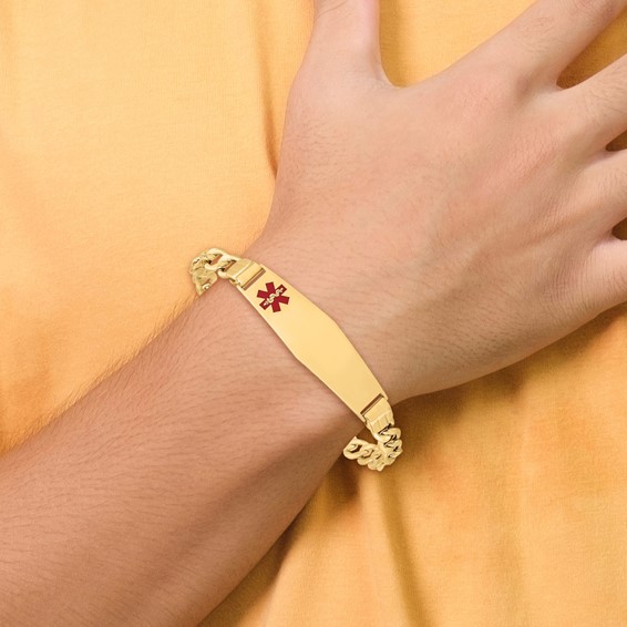 14K Medical Semi-Solid Chain/Solid Plate Soft Diamond Shape 40x12mm Off-Center Red Enamel Figaro Link 8 inch ID Bracelet