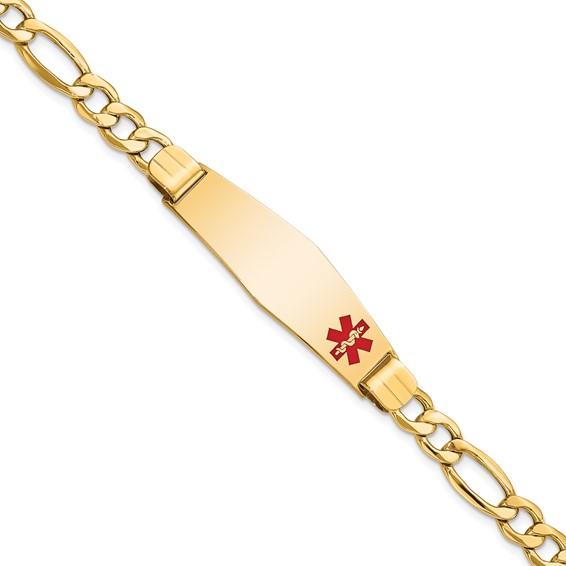 14K Medical Semi-Solid Chain/Solid Plate Soft Diamond Shape 40x12mm Off-Center Red Enamel Figaro Link 8 inch ID Bracelet