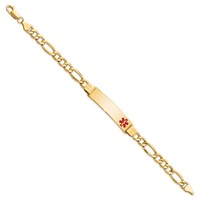 14K Yellow Gold Medical Semi-solid Chain Solid Plate 40x 10mm Off-Center Red Enamel Figaro Link ID Bracelet, 8" view 2
