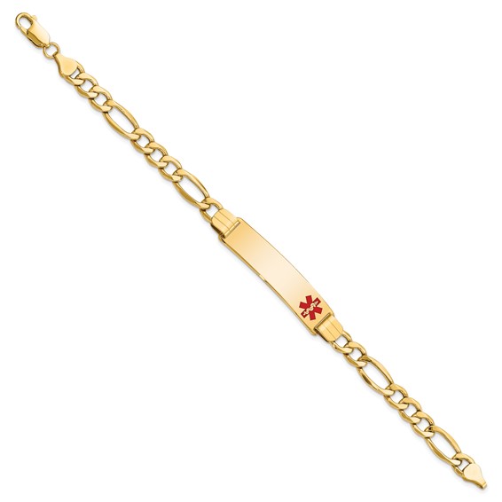14K Medical Semi-solid Chain/Solid Plate 40x10mm Off-Center Red Enamel Figaro Link 8 inch ID Bracelet