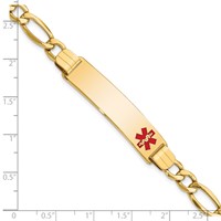 14K Yellow Gold Medical Semi-solid Chain Solid Plate 40x 10mm Off-Center Red Enamel Figaro Link ID Bracelet, 8" view 3