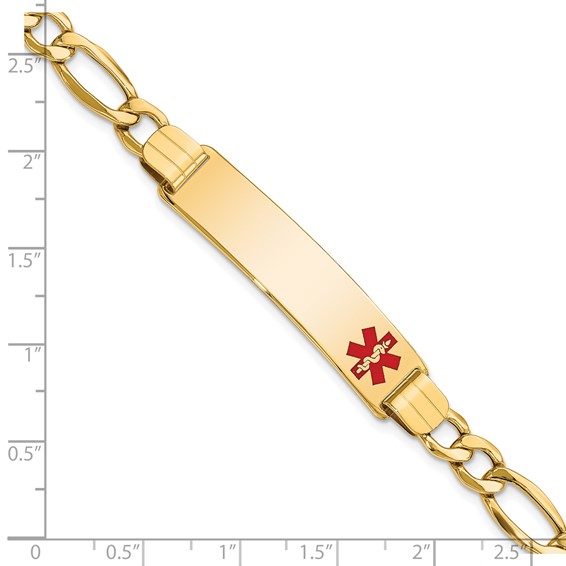 14K Medical Semi-solid Chain/Solid Plate 40x10mm Off-Center Red Enamel Figaro Link 8 inch ID Bracelet