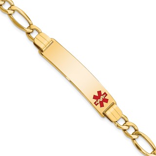 14K Medical Semi-solid Chain/Solid Plate 40x10mm Off-Center Red Enamel Figaro Link 8 inch ID Bracelet