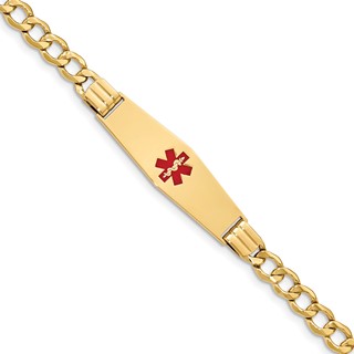 14K Semi-solid Medical Soft Diamond Shape Red Enamel Curb Link ID Bracelet