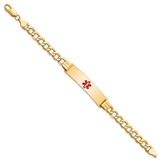 14K Medical Semi-Solid Chain/Solid Plate 40x10mm Centered Red Enamel Curb Link 7 inch ID Bracelet