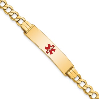 14K Medical Semi-Solid Chain/Solid Plate 40x10mm Centered Red Enamel Curb Link 7 inch ID Bracelet