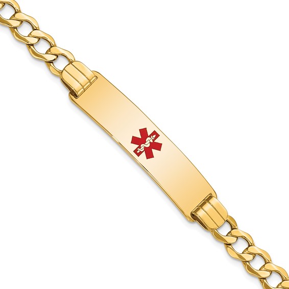 14K Medical Semi-Solid Chain/Solid Plate 40x10mm Centered Red Enamel Curb Link 7 inch ID Bracelet
