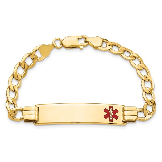 14K Medical Semi-solid Chain/Solid Plate 40x10mm Off-Center Red Enamel Curb Link 7 inch ID Bracelet