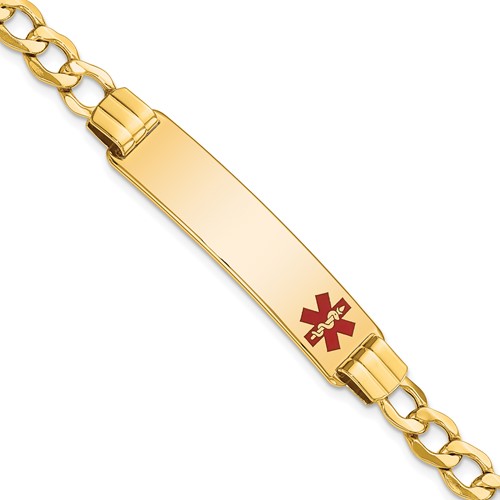 14K Yellow Gold Medical Semi-solid Chain Solid Plate 40x 10mm Off-Center Red Enamel Curb Link ID Bracelet, 7"