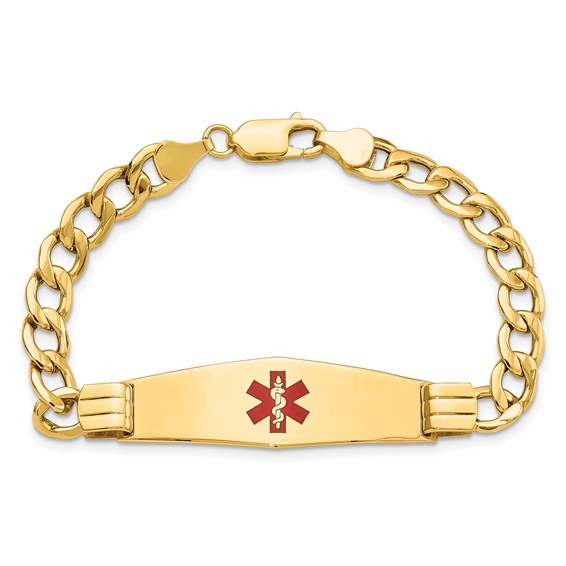 14K Medical Semi-Solid Chain/Solid Plate Soft Diamond Shape 40x12mm Centered Red Enamel Curb Link 7 inch ID Bracelet
