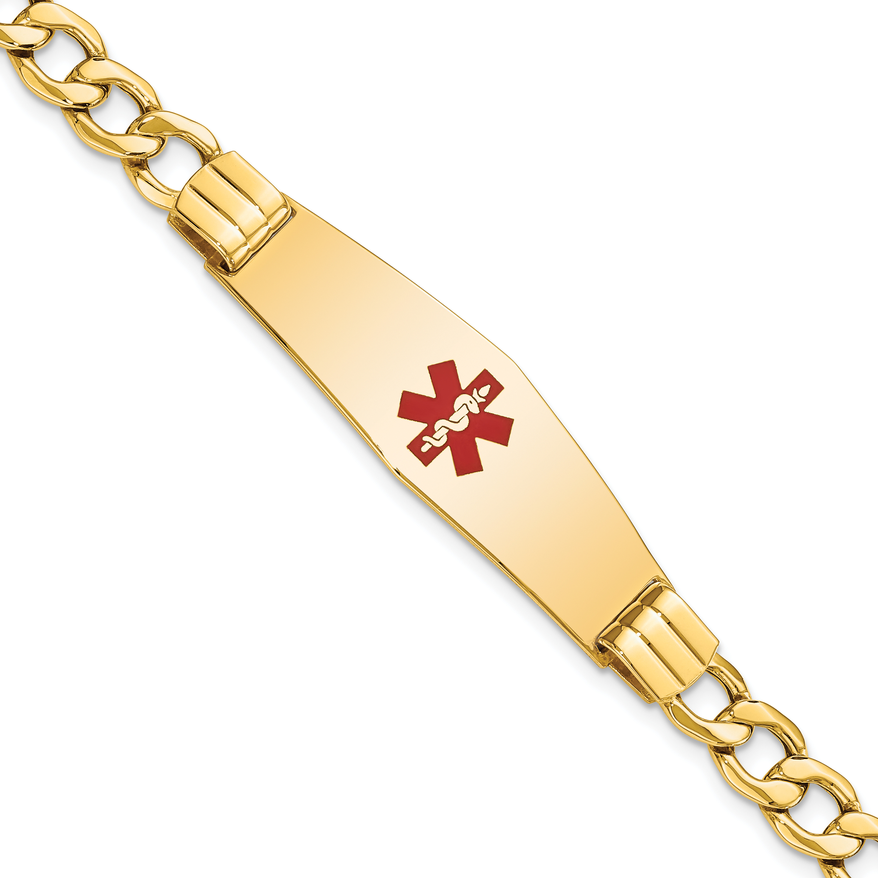 14K Medical Semi-Solid Chain/Solid Plate Soft Diamond Shape 40x12mm Centered Red Enamel Curb Link 8 inch ID Bracelet (XM579CC-8)