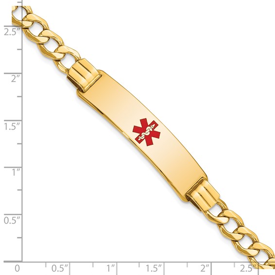 14K Medical Semi-Solid Chain/Solid Plate 40x10mm Centered Red Enamel Curb Link 7 inch ID Bracelet