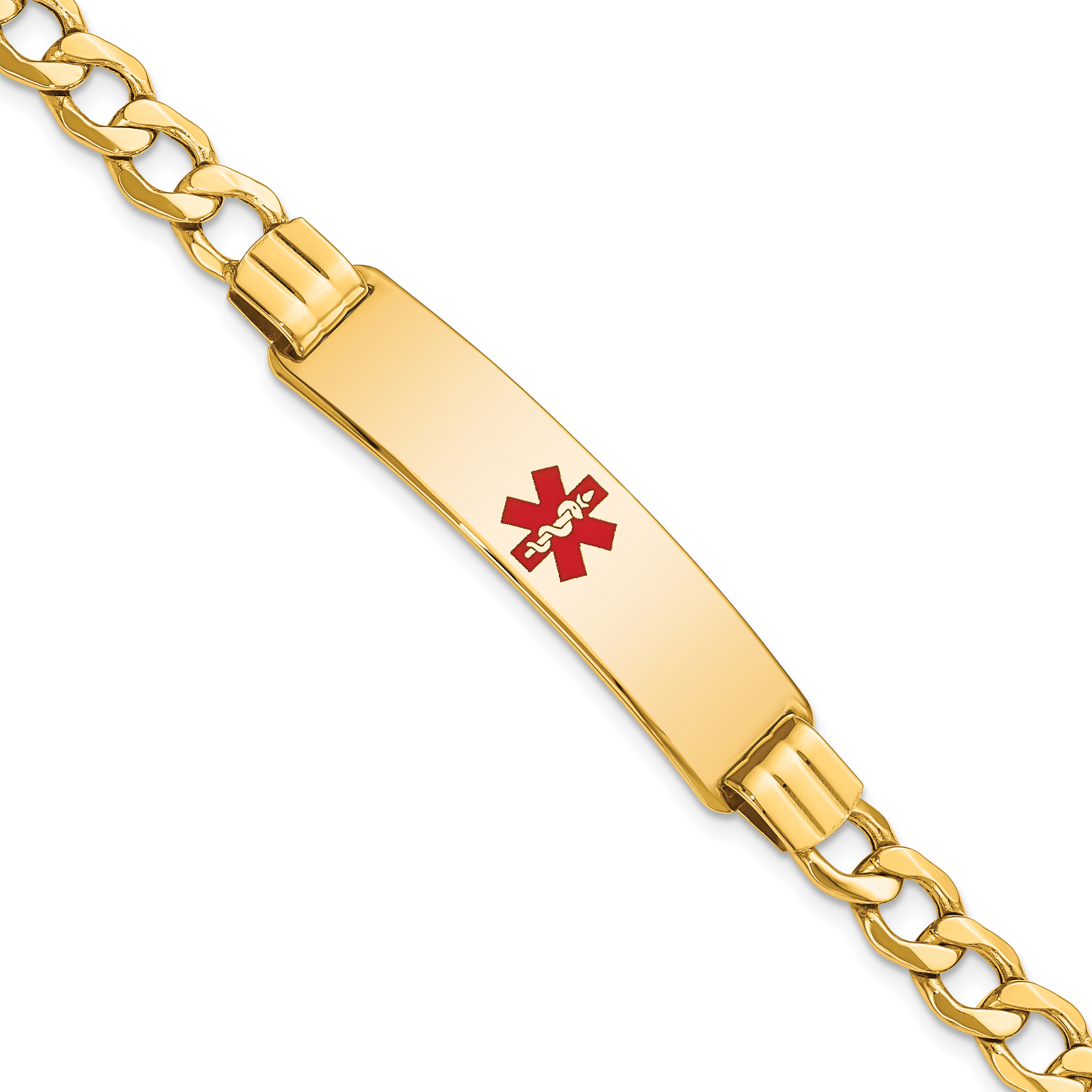 14K Medical Semi-Solid Chain/Solid Plate 40x10mm Centered Red Enamel Curb Link 8 inch ID Bracelet (XM579CR-8)