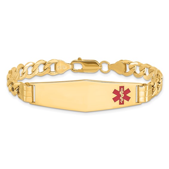 14K Medical Semi-Solid Chain/Solid Plate Soft Diamond Shape 40x12mm Off-Center Red Enamel Curb Link 8 inch ID Bracelet