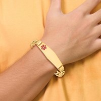 14K Yellow Gold Medical Semi-Solid Chain Solid Plate Soft Diamond Shape 40x 12mm Off-Center Red Enamel Curb Link ID Bracelet, 7" view 5