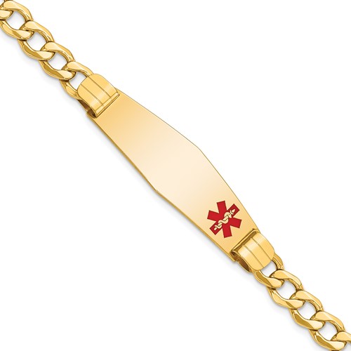 14K Medical Semi-Solid Chain/Solid Plate Soft Diamond Shape 40x12mm Off-Center Red Enamel Curb Link 8 inch ID Bracelet