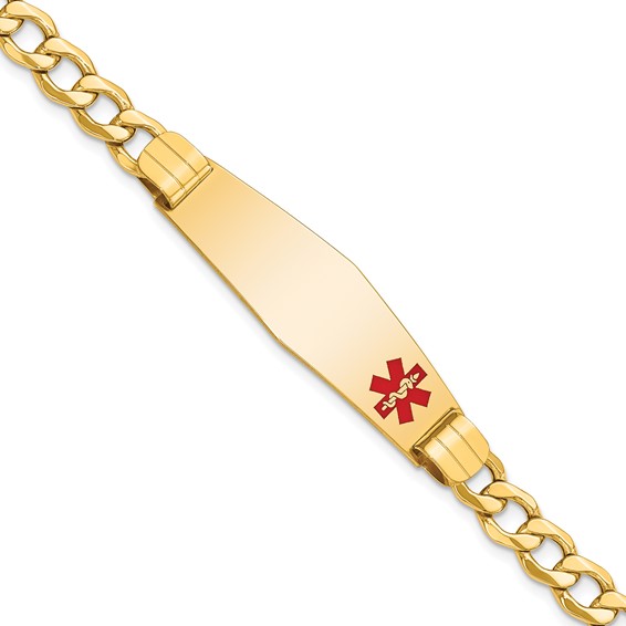 14K Medical Semi-Solid Chain/Solid Plate Soft Diamond Shape 40x12mm Off-Center Red Enamel Curb Link 8 inch ID Bracelet