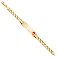 14K Yellow Gold Medical Semi-solid Chain Solid Plate 40x 10mm Off-Center Red Enamel Curb Link ID Bracelet, 7" view 2