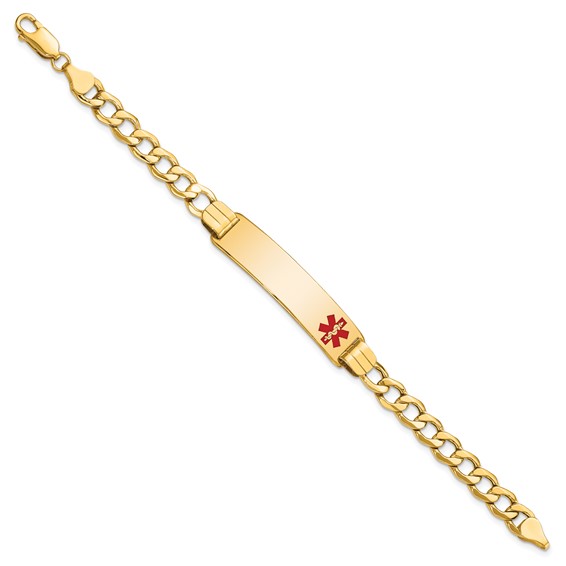 14K Medical Semi-solid Chain/Solid Plate 40x10mm Off-Center Red Enamel Curb Link 8 inch ID Bracelet