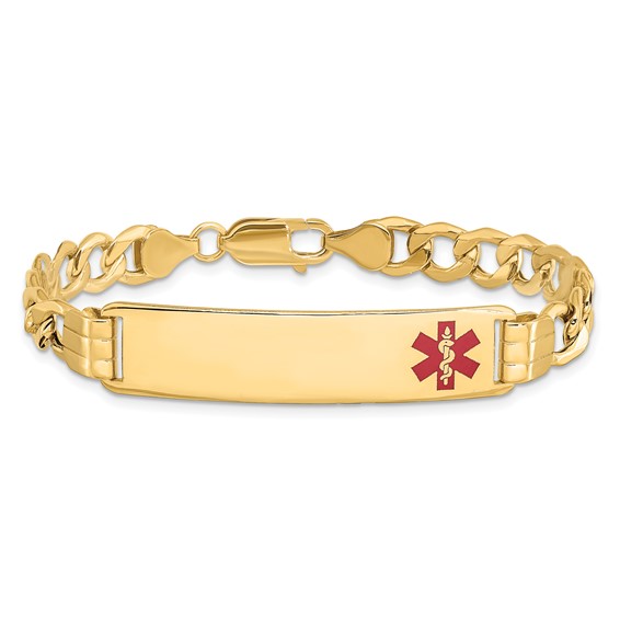 14K Medical Semi-solid Chain/Solid Plate 40x10mm Off-Center Red Enamel Curb Link 8 inch ID Bracelet