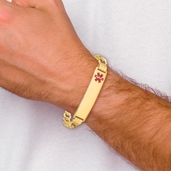 14K Medical Semi-solid Chain/Solid Plate 40x10mm Off-Center Red Enamel Curb Link 8 inch ID Bracelet