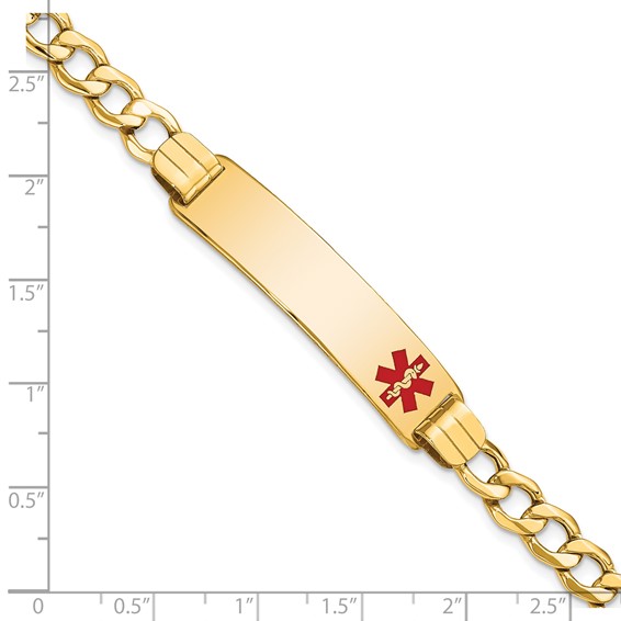 14K Medical Semi-solid Chain/Solid Plate 40x10mm Off-Center Red Enamel Curb Link 8 inch ID Bracelet