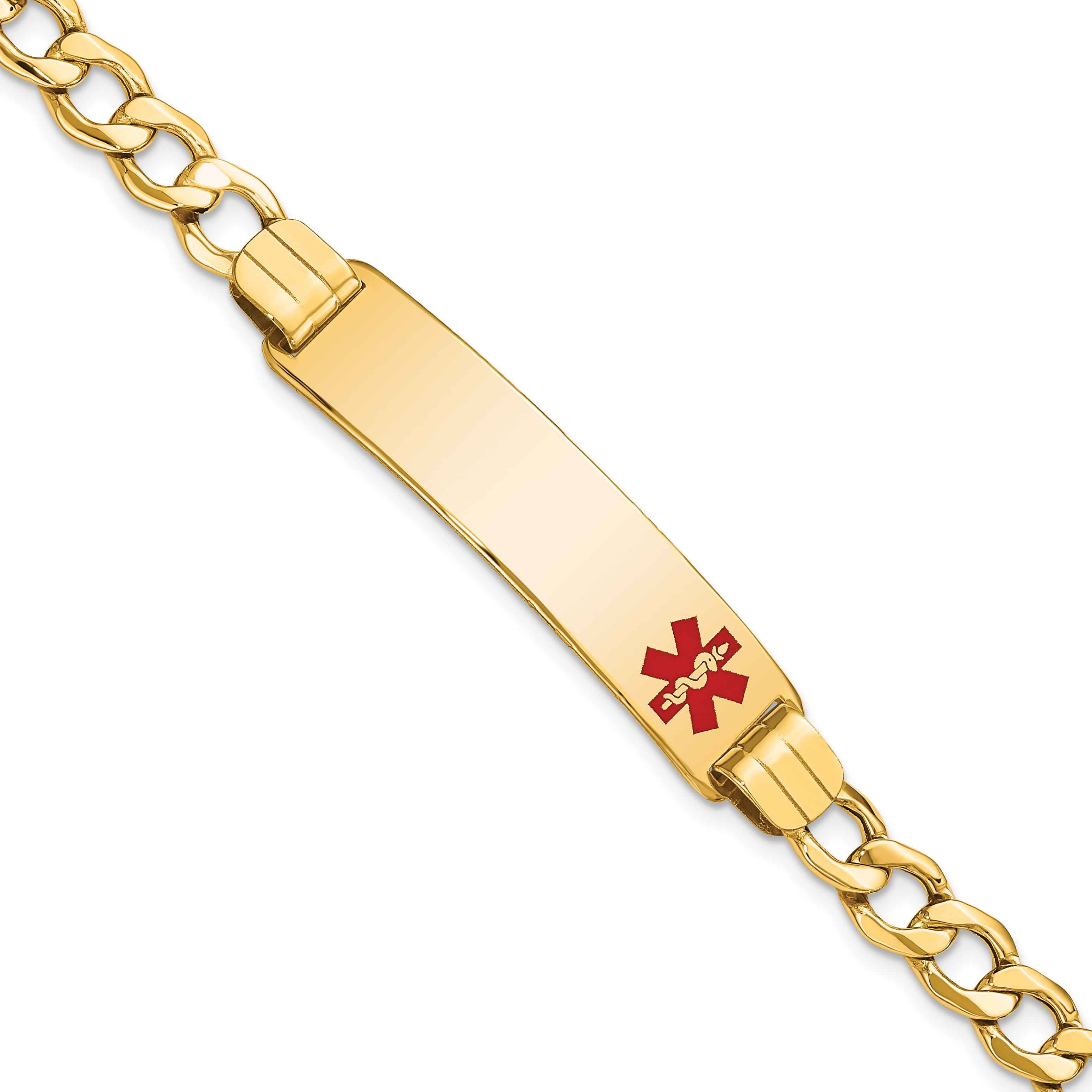14K Medical Semi-solid Chain/Solid Plate 40x10mm Off-Center Red Enamel Curb Link 8 inch ID Bracelet (XM579FR-8)