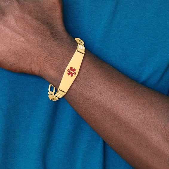 14K Medical Solid Chain/Solid Plate Soft Diamond Shape 40x12mm Centered Red Enamel Flat Figaro Link 7 inch ID Bracelet