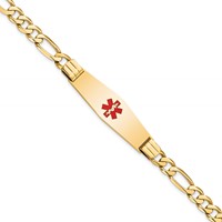 14K Yellow Gold Medical Solid Chain Solid Plate Soft Diamond Shape 40x 12mm Centered Red Enamel Flat Figaro Link ID Bracelet, 7" view 1