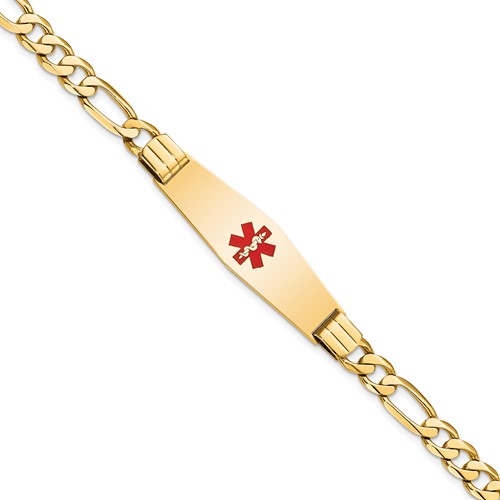 14K Yellow Gold Medical Solid Chain Solid Plate Soft Diamond Shape 40x 12mm Centered Red Enamel Flat Figaro Link ID Bracelet, 7"