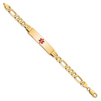 14K Yellow Gold Medical Solid Chain Solid Plate 40x10mm Centered Red Enamel Flat Figaro Link ID Bracelet - 7in view 2