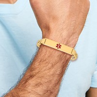 14K Yellow Gold Medical Solid Chain Solid Plate 40x10mm Centered Red Enamel Flat Figaro Link ID Bracelet - 7in view 5