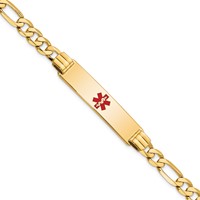 14K Yellow Gold Medical Solid Chain Solid Plate 40x10mm Centered Red Enamel Flat Figaro Link ID Bracelet - 7in view 1