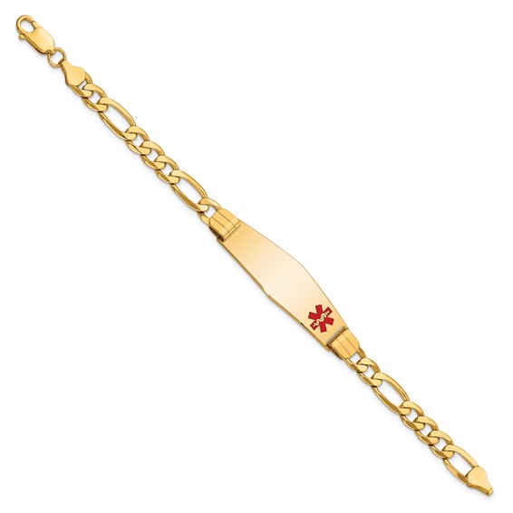 14K Medical Solid Chain/Solid Plate Soft Diamond Shape 39x12mm Off-Center Red Enamel Flat Figaro Link 7 inch ID Bracelet