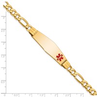 14K Yellow Gold Medical Solid Chain Solid Plate Soft Diamond Shape 39x12mm Off-Center Red Enamel Flat Figaro Link ID Bracelet - 7in view 3