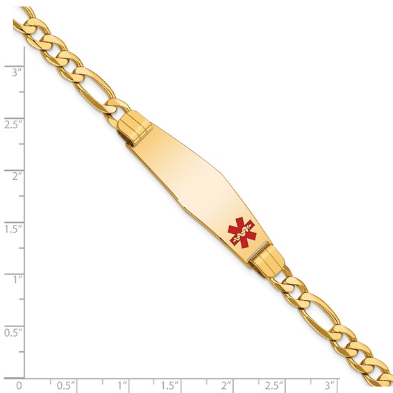 14K Medical Solid Chain/Solid Plate Soft Diamond Shape 39x12mm Off-Center Red Enamel Flat Figaro Link 7 inch ID Bracelet