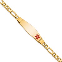 14K Yellow Gold Medical Solid Chain Solid Plate Soft Diamond Shape 39x12mm Off-Center Red Enamel Flat Figaro Link ID Bracelet - 7in view 1