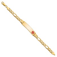 14K Yellow Gold Medical Solid Chain Solid Plate 40x10mm Off-Center Red Enamel Flat Figaro Link ID Bracelet - 7in view 2