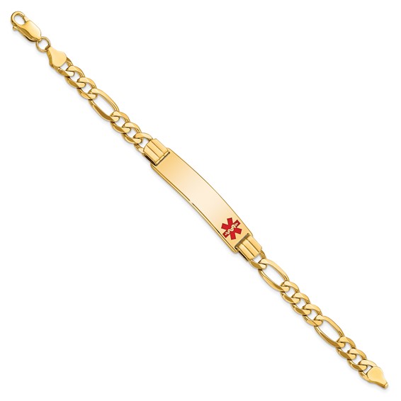 14K Medical Solid Chain/Solid Plate 40x10mm Off-Center Red Enamel Flat Figaro Link 7 inch ID Bracelet