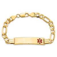 14K Yellow Gold Medical Solid Chain Solid Plate 40x10mm Off-Center Red Enamel Flat Figaro Link ID Bracelet - 7in view 4