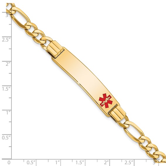 14K Medical Solid Chain/Solid Plate 40x10mm Off-Center Red Enamel Flat Figaro Link 7 inch ID Bracelet