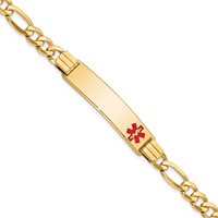 14K Yellow Gold Medical Solid Chain Solid Plate 40x10mm Off-Center Red Enamel Flat Figaro Link ID Bracelet - 7in view 1