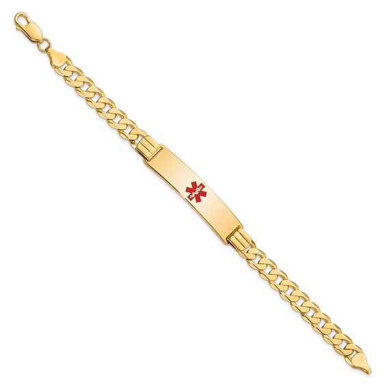 14K Medical Solid Chain/Solid Plate 40x10mm Centered Red Enamel Curb Link 7 inch ID Bracelet