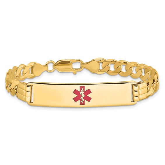 14K Medical Solid Chain/Solid Plate 40x10mm Centered Red Enamel Curb Link 7 inch ID Bracelet